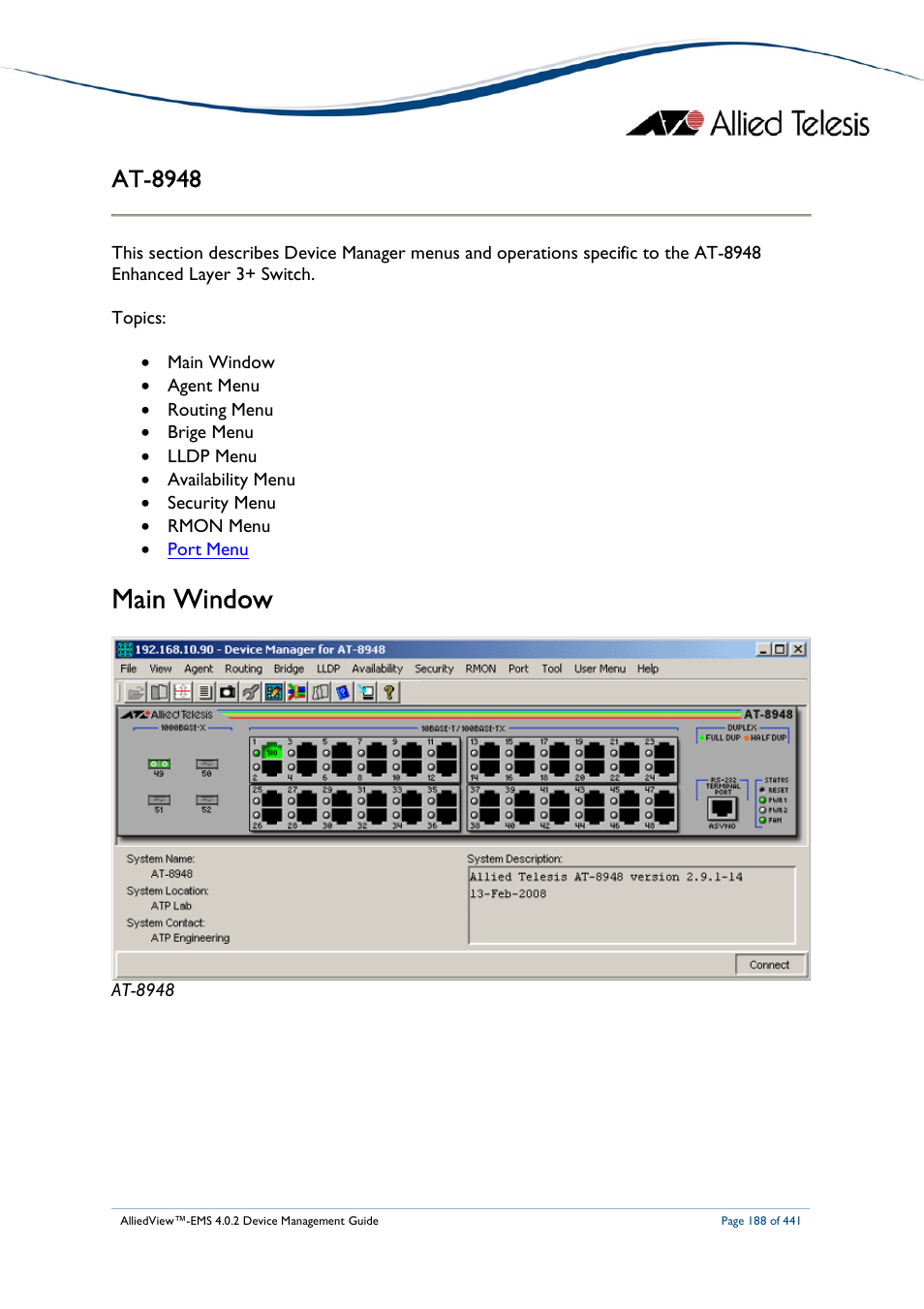 Main window, At-8948 | Allied Telesis AlliedView-EMS 4.0.2 Device-Manager User Manual | Page 188 / 441