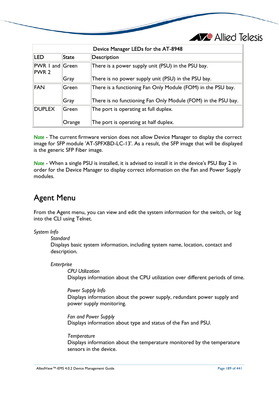 Agent menu | Allied Telesis AlliedView-EMS 4.0.2 Device-Manager User Manual | Page 189 / 441