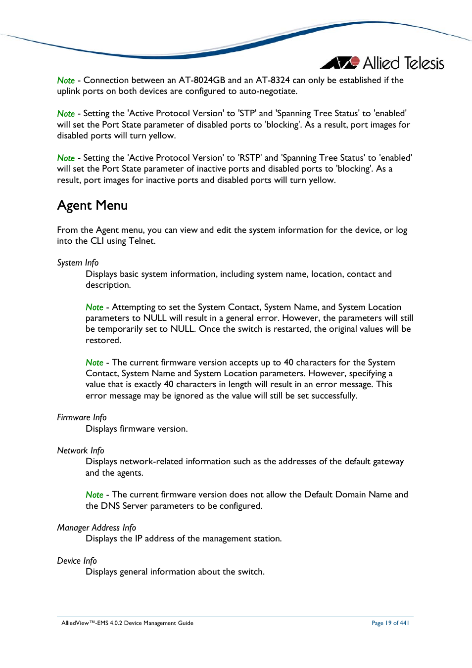 Agent menu | Allied Telesis AlliedView-EMS 4.0.2 Device-Manager User Manual | Page 19 / 441