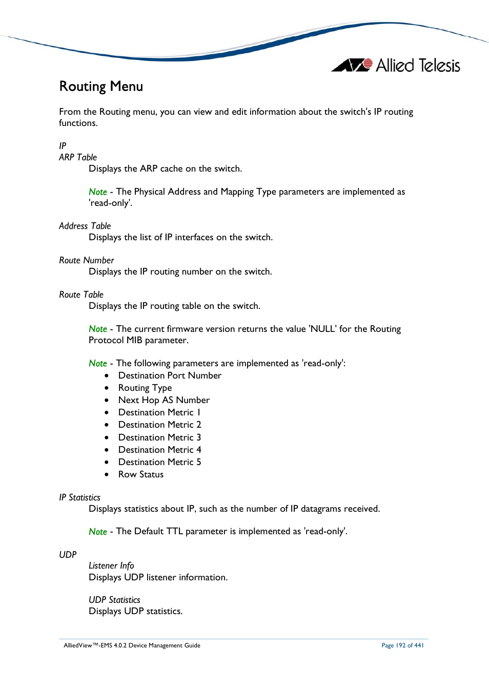 Routing menu | Allied Telesis AlliedView-EMS 4.0.2 Device-Manager User Manual | Page 192 / 441