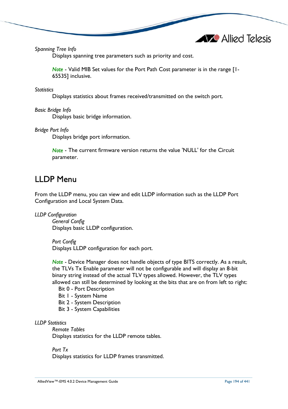 Lldp menu | Allied Telesis AlliedView-EMS 4.0.2 Device-Manager User Manual | Page 194 / 441