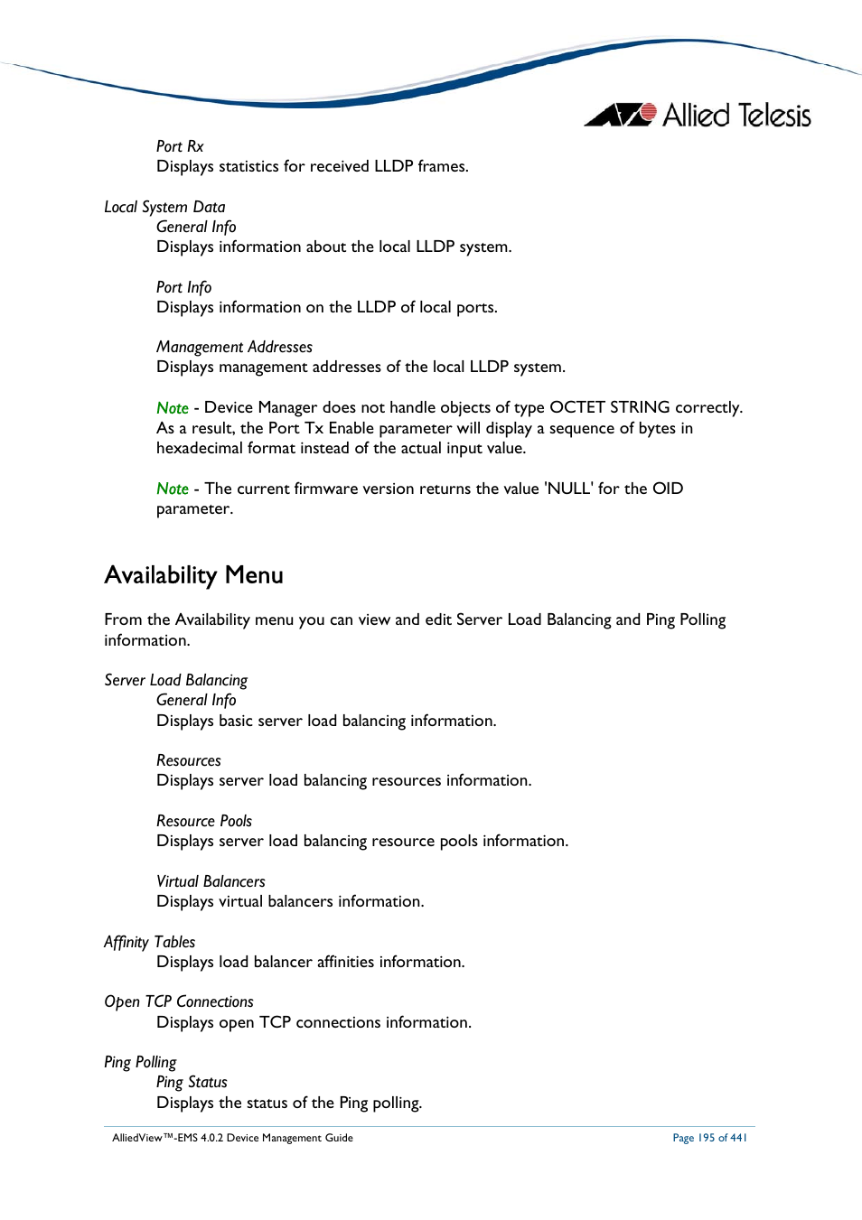 Availability menu | Allied Telesis AlliedView-EMS 4.0.2 Device-Manager User Manual | Page 195 / 441