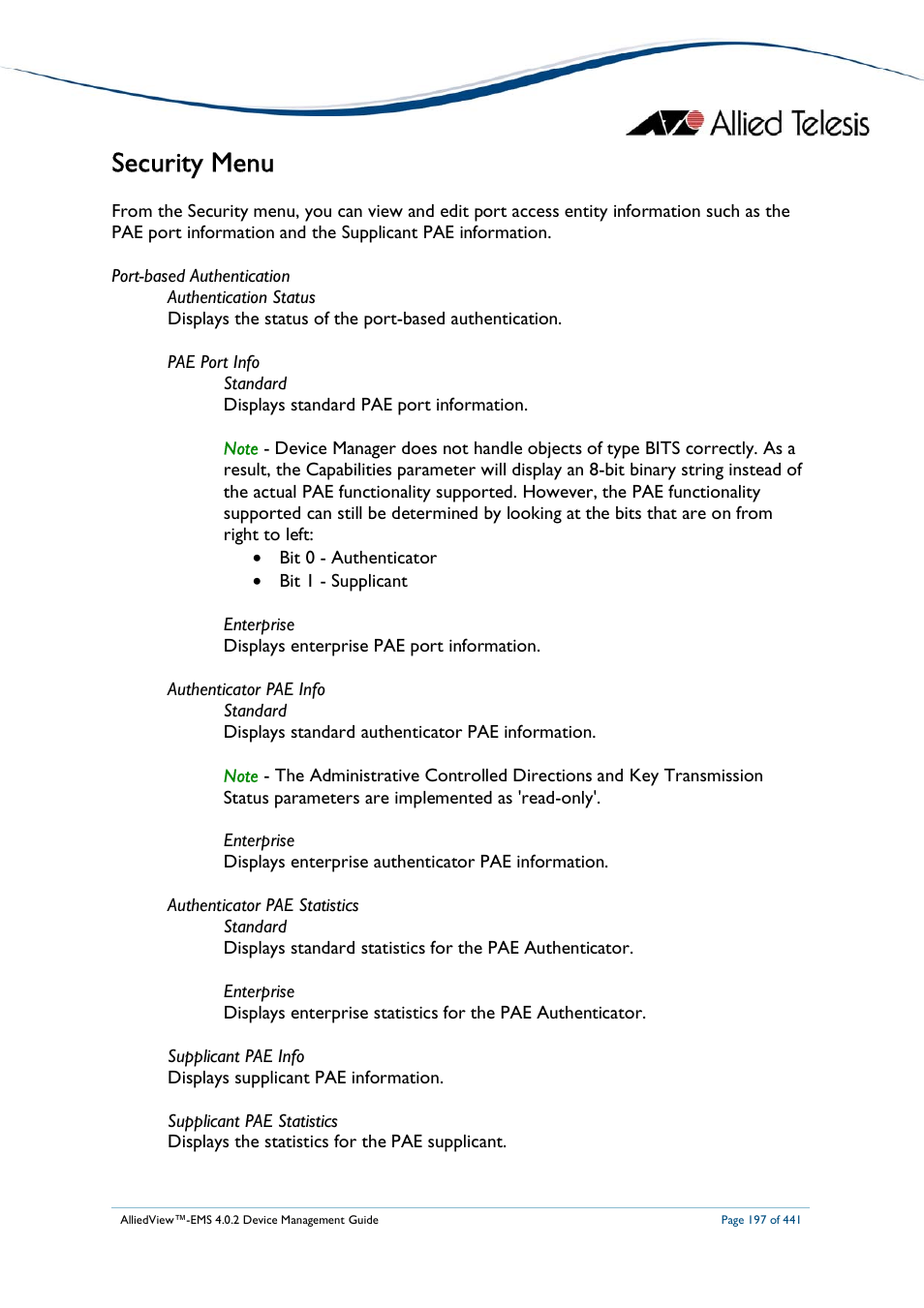 Security menu | Allied Telesis AlliedView-EMS 4.0.2 Device-Manager User Manual | Page 197 / 441