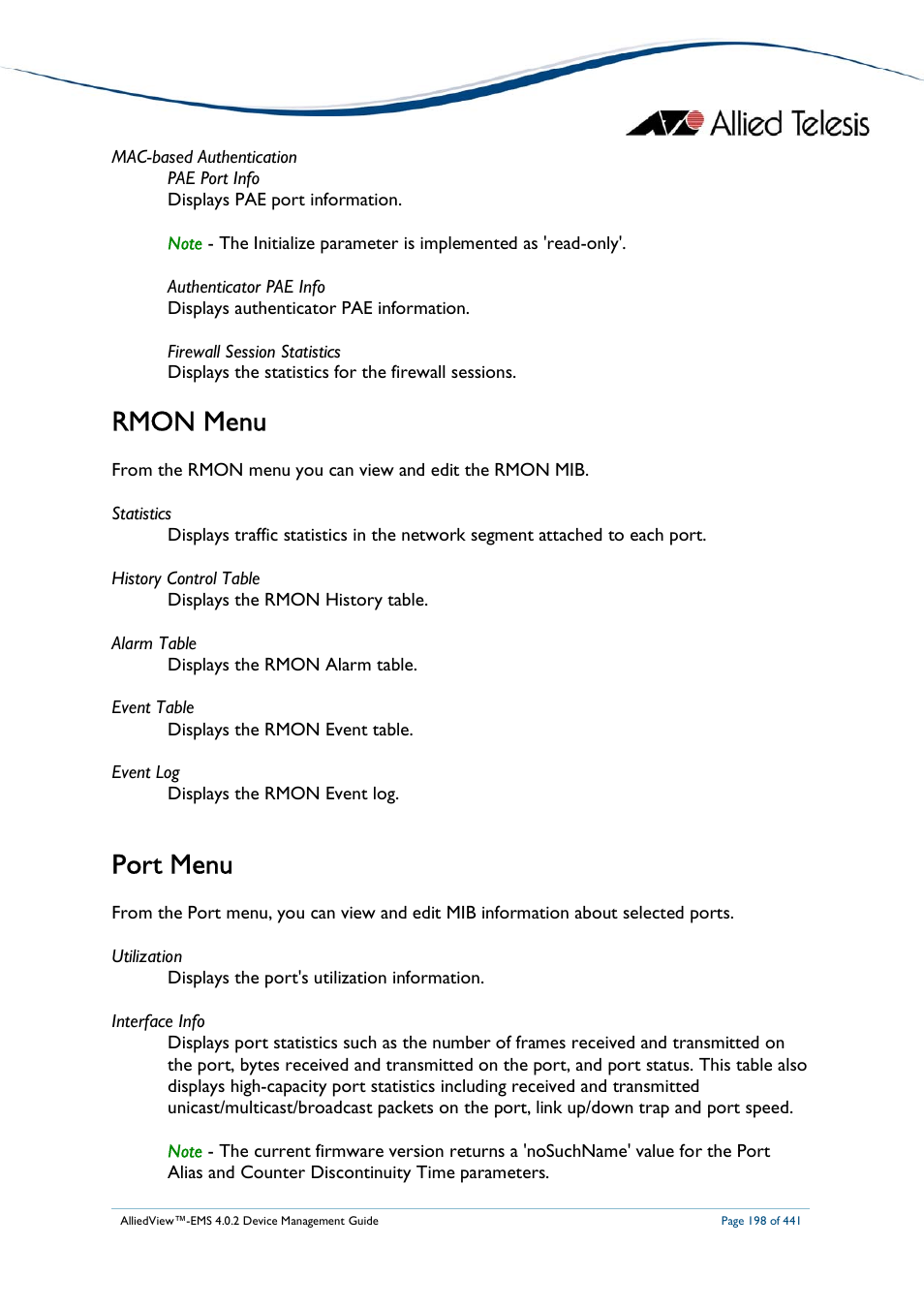 Rmon menu, Port menu | Allied Telesis AlliedView-EMS 4.0.2 Device-Manager User Manual | Page 198 / 441