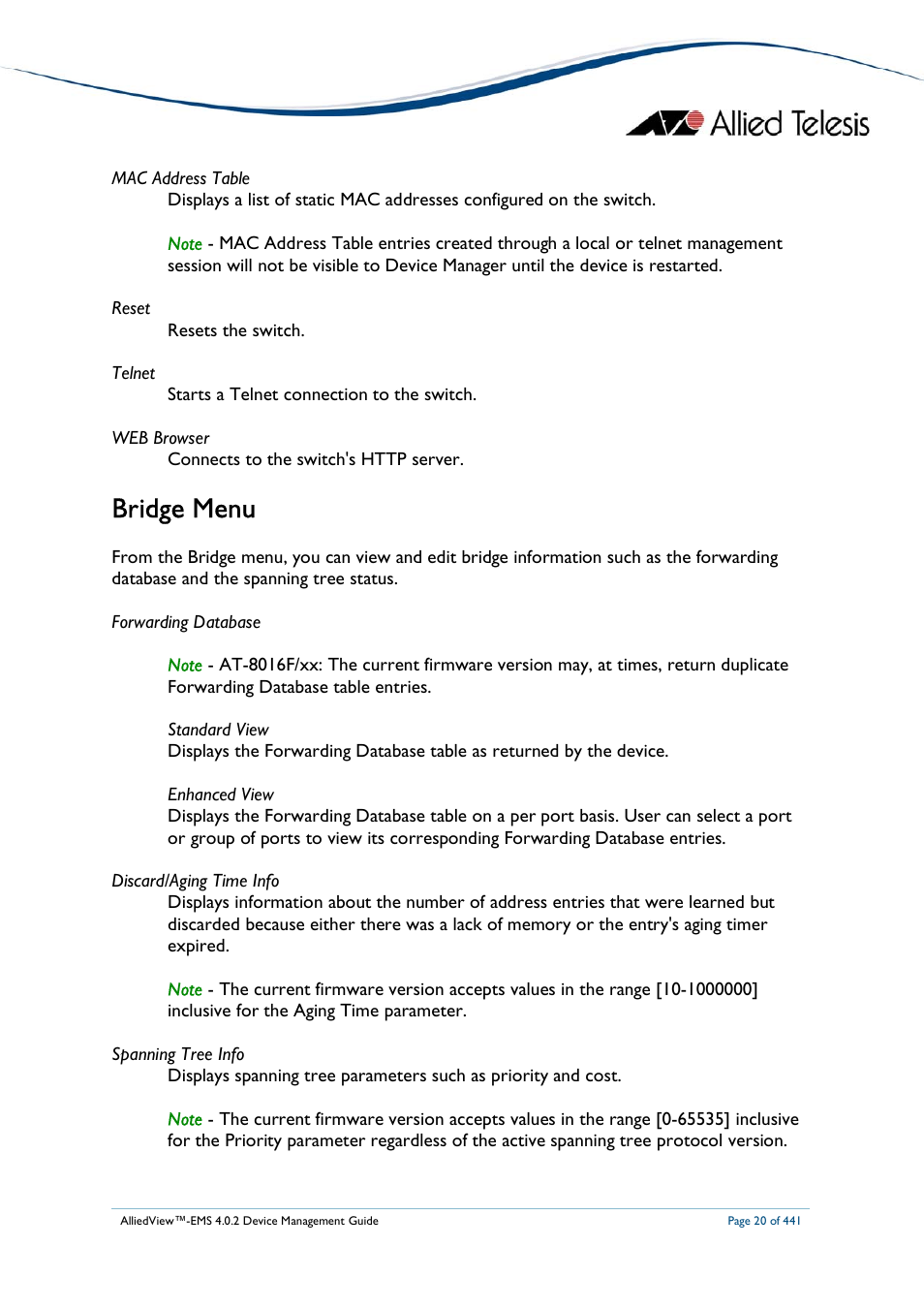 Bridge menu | Allied Telesis AlliedView-EMS 4.0.2 Device-Manager User Manual | Page 20 / 441