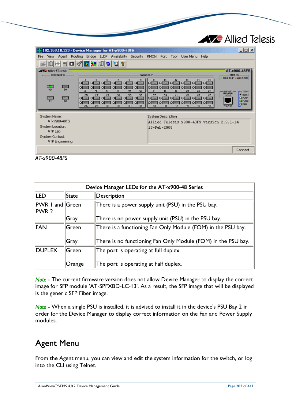 Agent menu | Allied Telesis AlliedView-EMS 4.0.2 Device-Manager User Manual | Page 202 / 441