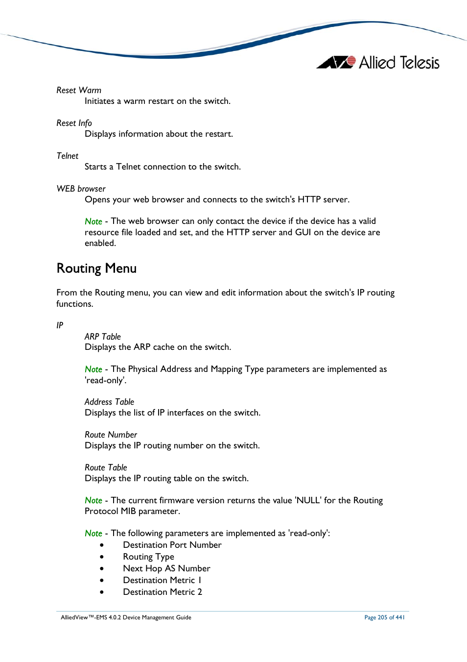 Routing menu | Allied Telesis AlliedView-EMS 4.0.2 Device-Manager User Manual | Page 205 / 441