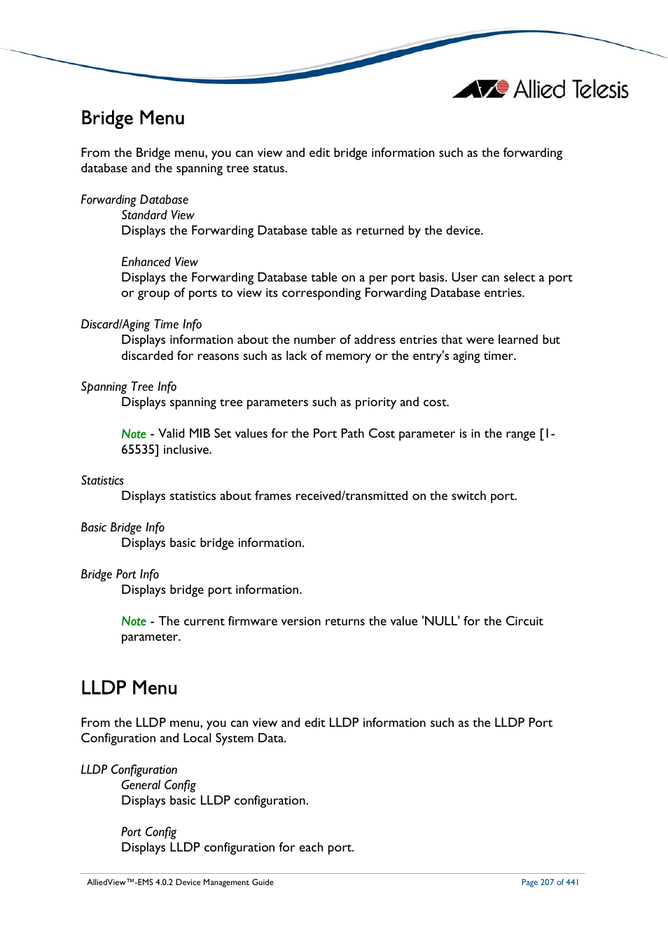 Bridge menu, Lldp menu | Allied Telesis AlliedView-EMS 4.0.2 Device-Manager User Manual | Page 207 / 441