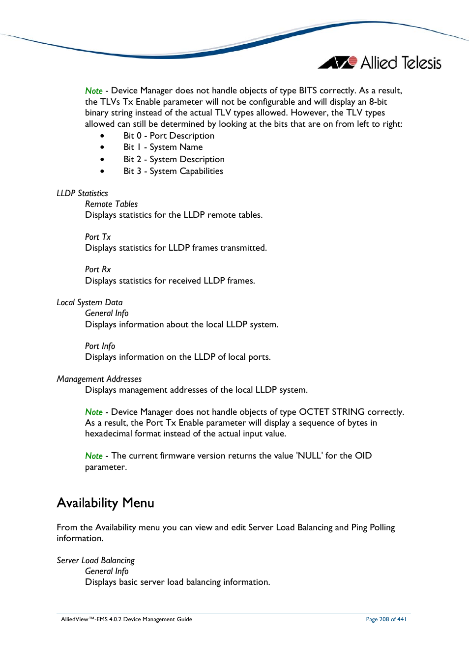 Availability menu | Allied Telesis AlliedView-EMS 4.0.2 Device-Manager User Manual | Page 208 / 441