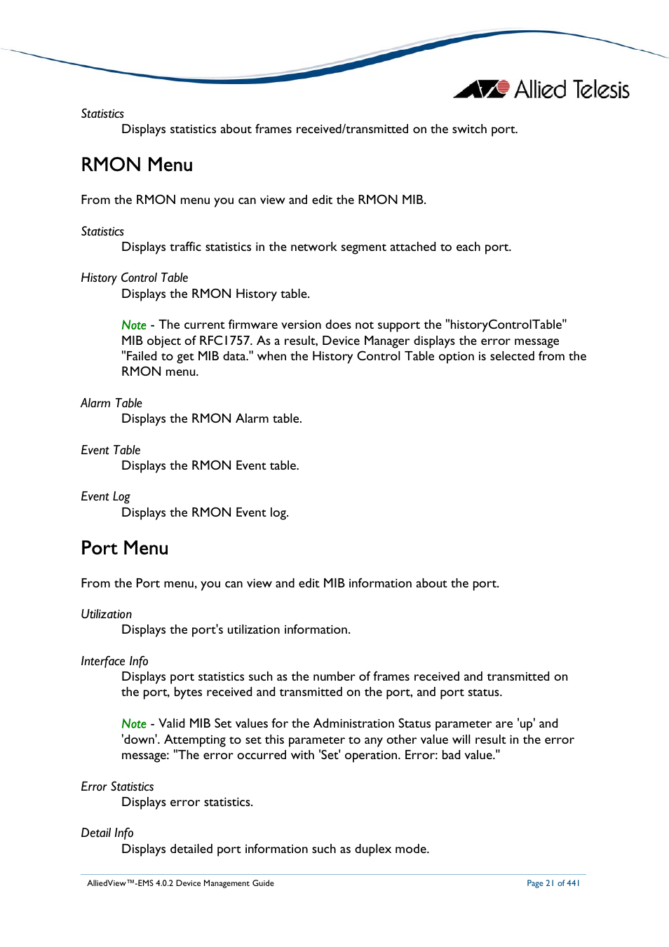 Rmon menu, Port menu | Allied Telesis AlliedView-EMS 4.0.2 Device-Manager User Manual | Page 21 / 441