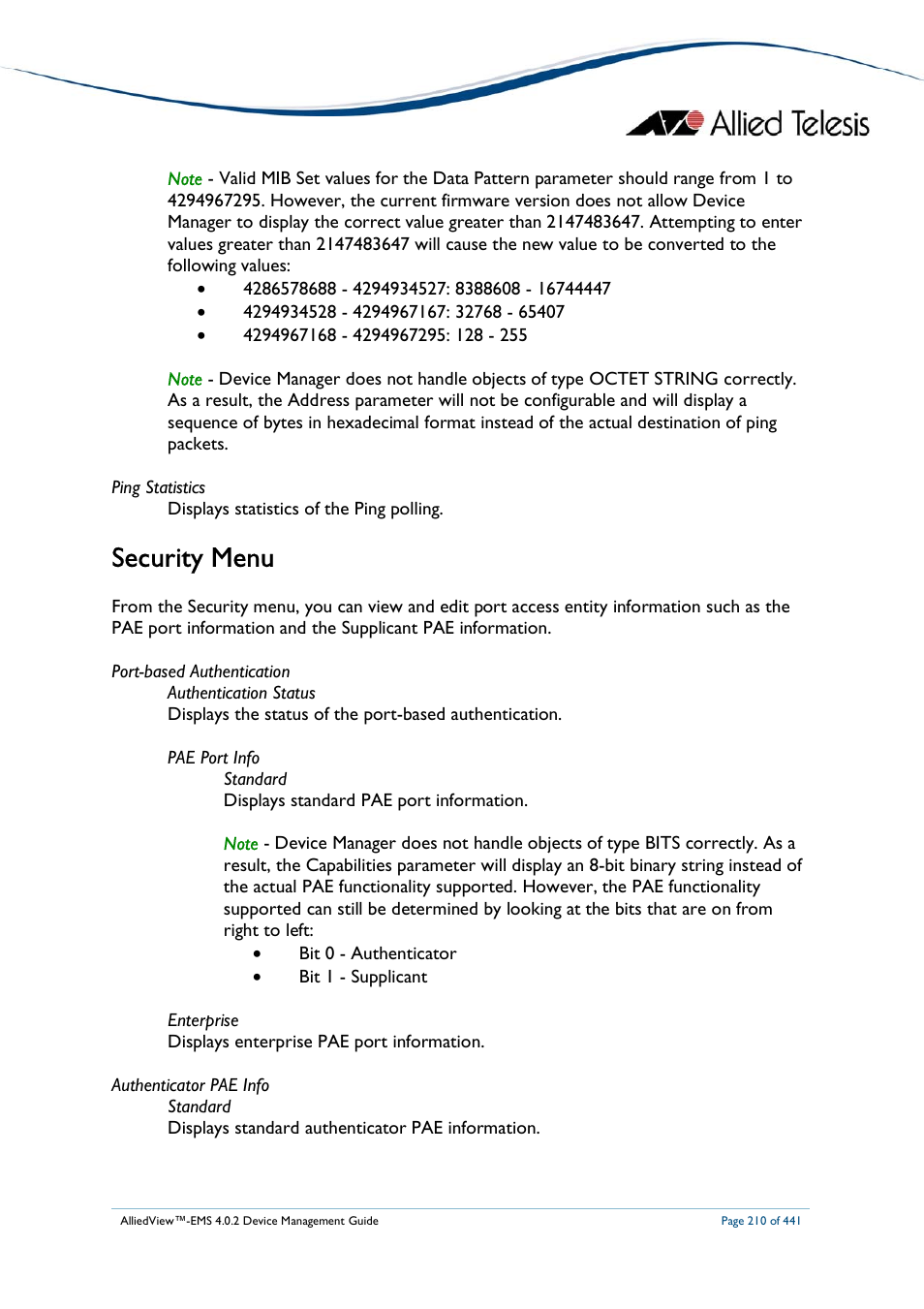 Security menu | Allied Telesis AlliedView-EMS 4.0.2 Device-Manager User Manual | Page 210 / 441