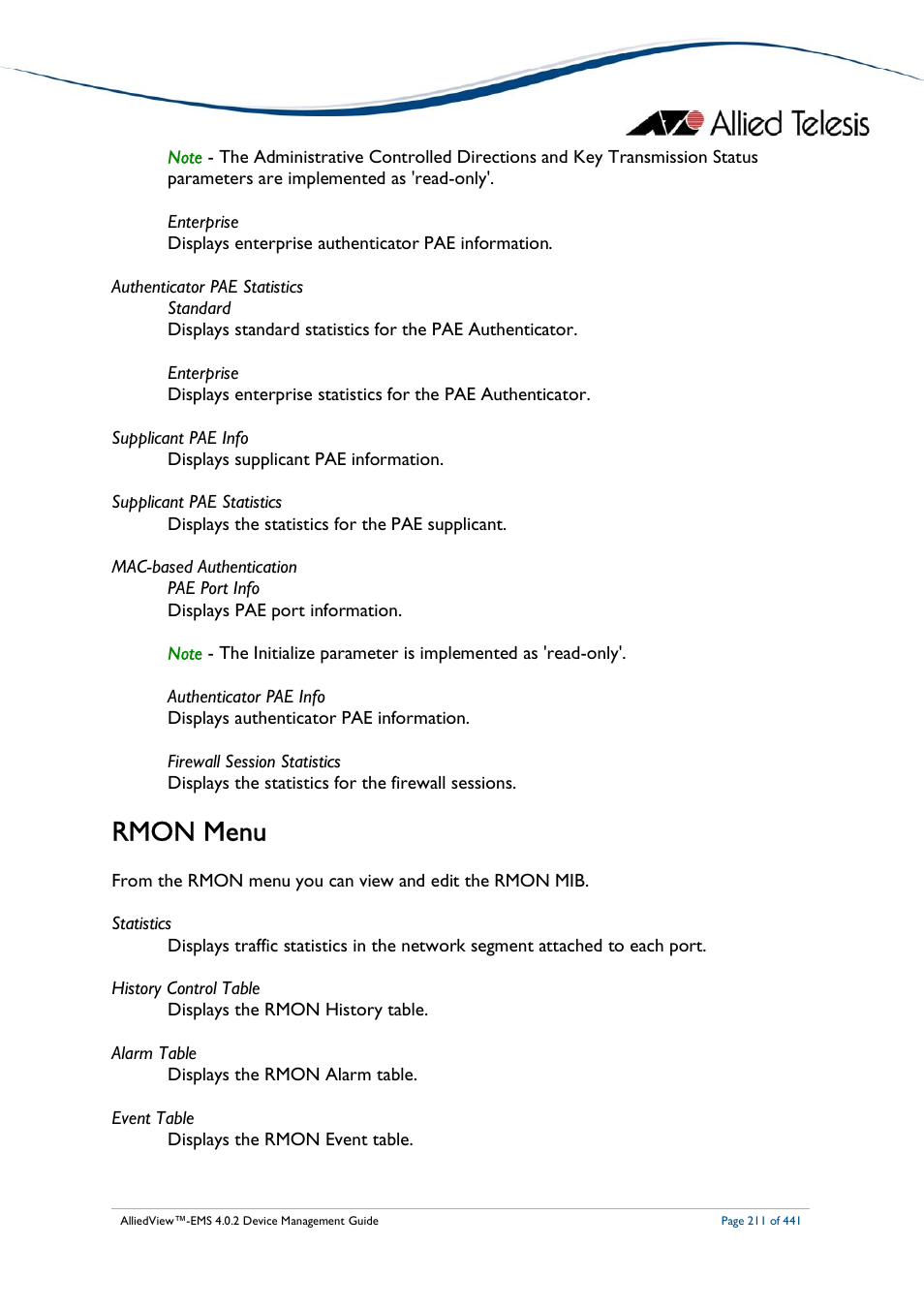 Rmon menu | Allied Telesis AlliedView-EMS 4.0.2 Device-Manager User Manual | Page 211 / 441