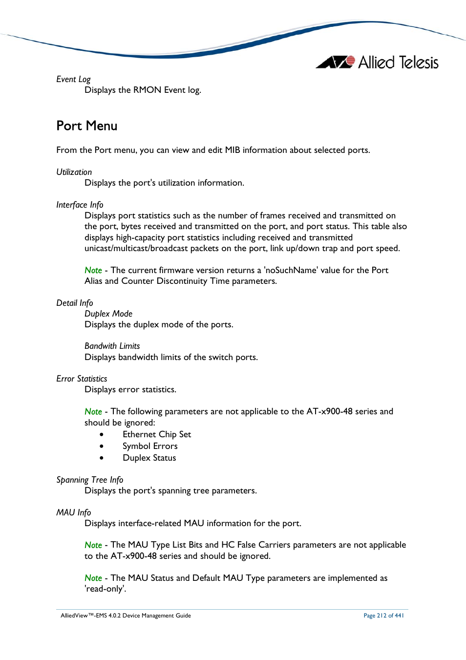 Port menu | Allied Telesis AlliedView-EMS 4.0.2 Device-Manager User Manual | Page 212 / 441