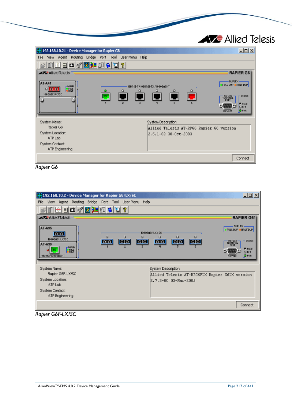 Rapier g6 rapier g6f-lx/sc | Allied Telesis AlliedView-EMS 4.0.2 Device-Manager User Manual | Page 217 / 441