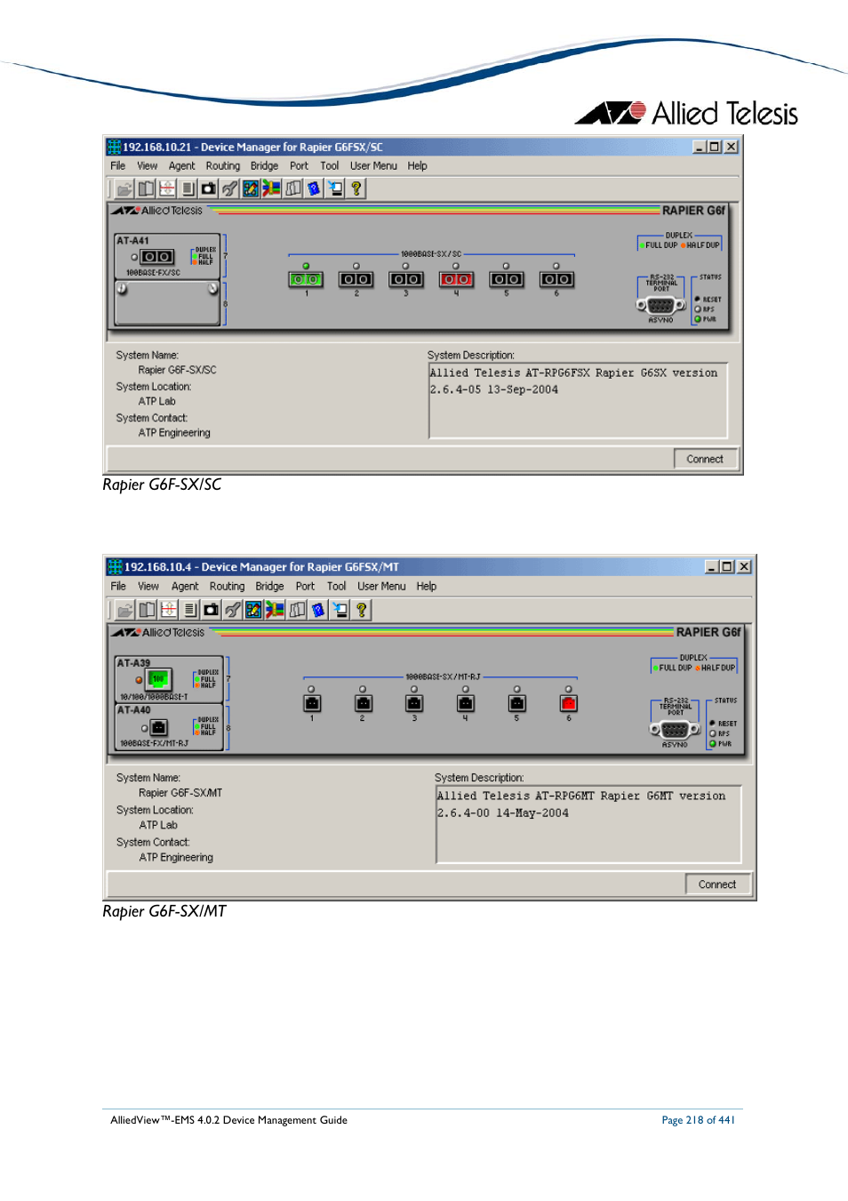 Rapier g6f-sx/sc rapier g6f-sx/mt | Allied Telesis AlliedView-EMS 4.0.2 Device-Manager User Manual | Page 218 / 441