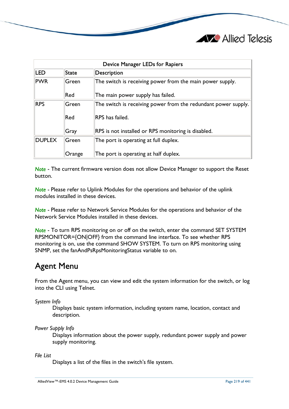 Agent menu | Allied Telesis AlliedView-EMS 4.0.2 Device-Manager User Manual | Page 219 / 441