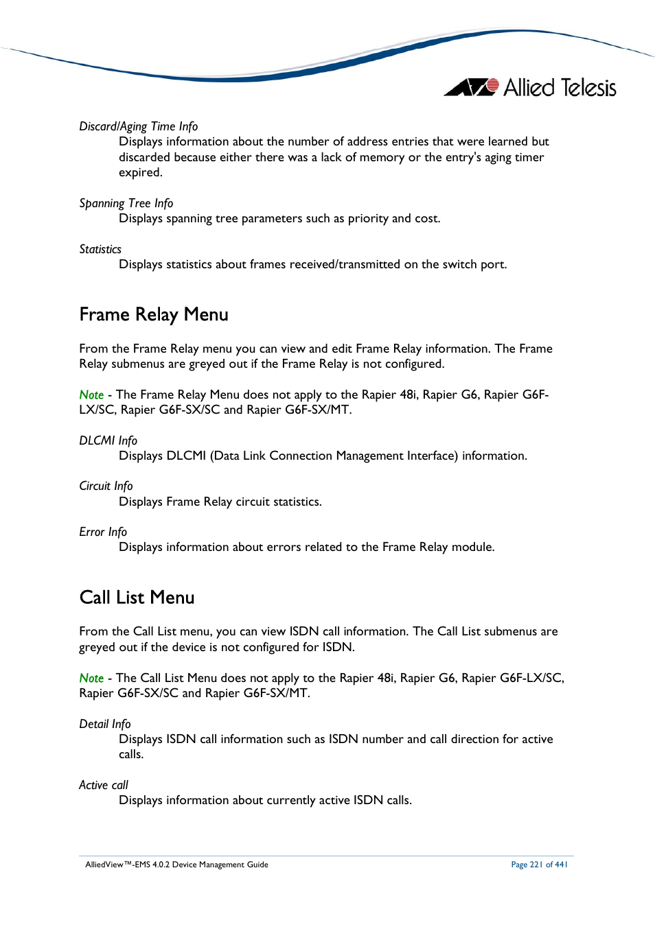 Frame relay menu, Call list menu | Allied Telesis AlliedView-EMS 4.0.2 Device-Manager User Manual | Page 221 / 441