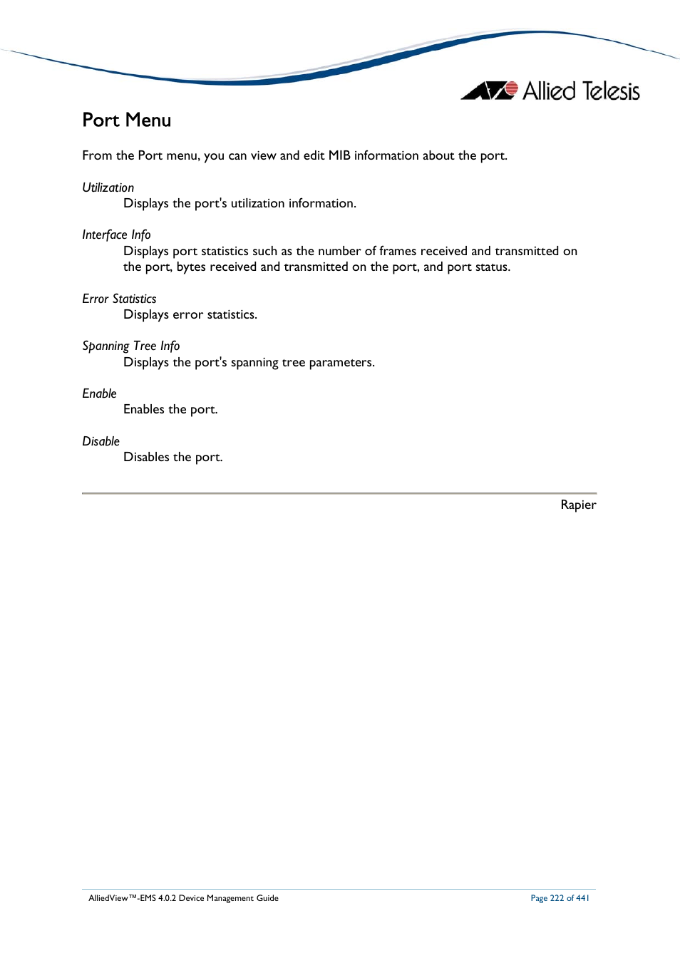 Port menu | Allied Telesis AlliedView-EMS 4.0.2 Device-Manager User Manual | Page 222 / 441