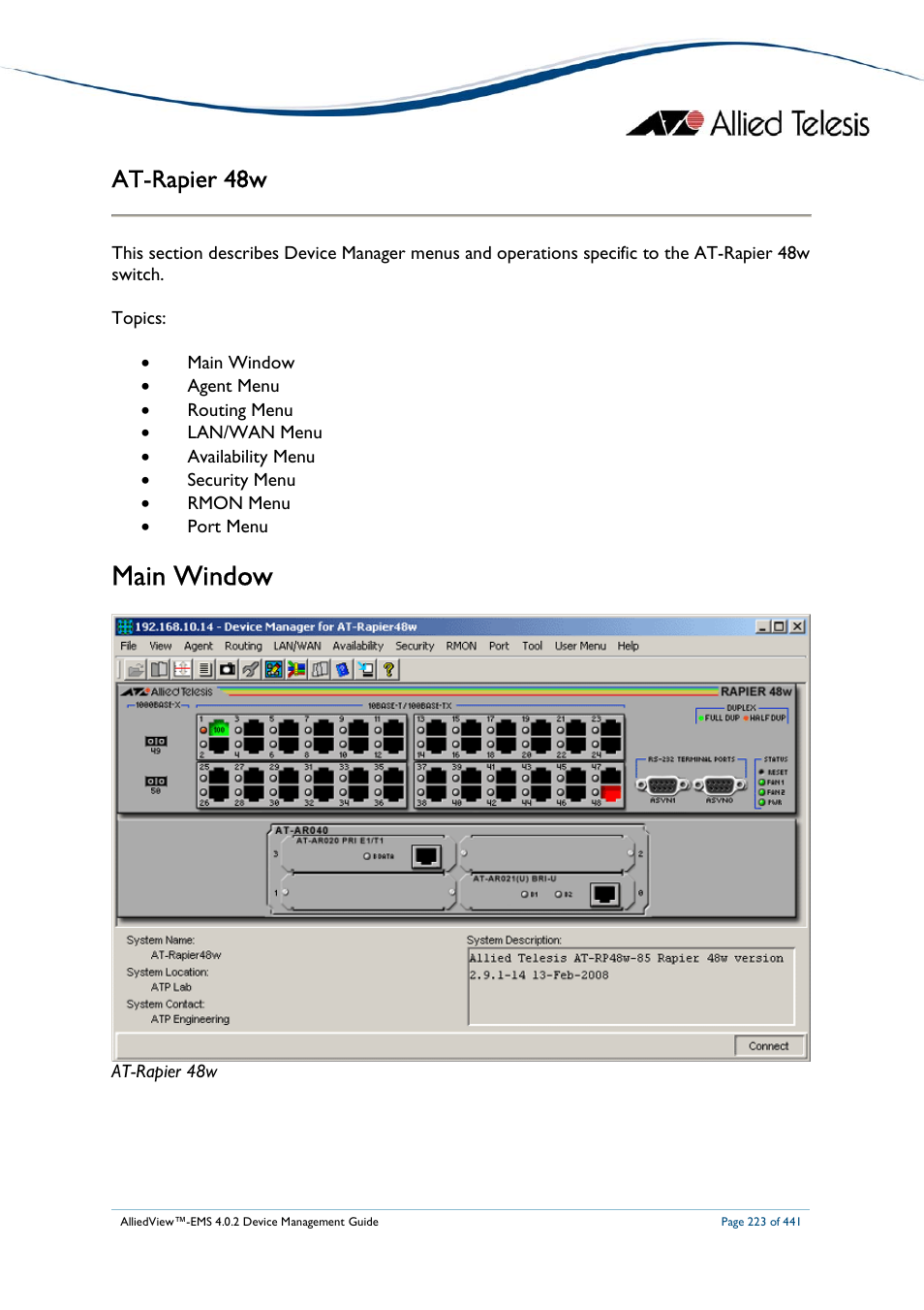 Main window, At-rapier 48w | Allied Telesis AlliedView-EMS 4.0.2 Device-Manager User Manual | Page 223 / 441