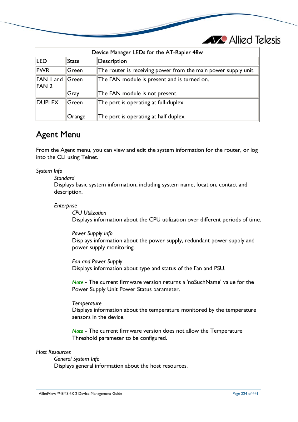 Agent menu | Allied Telesis AlliedView-EMS 4.0.2 Device-Manager User Manual | Page 224 / 441