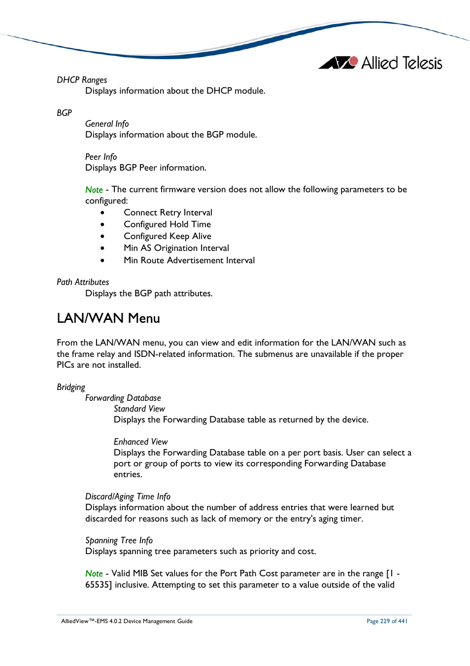 Lan/wan menu | Allied Telesis AlliedView-EMS 4.0.2 Device-Manager User Manual | Page 229 / 441
