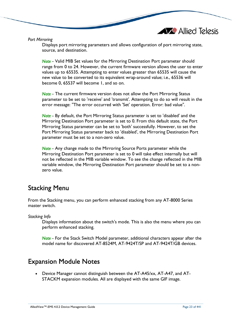 Stacking menu | Allied Telesis AlliedView-EMS 4.0.2 Device-Manager User Manual | Page 23 / 441