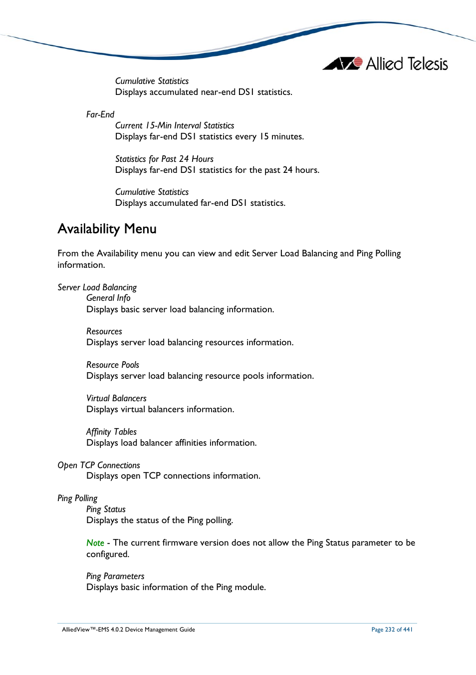 Availability menu | Allied Telesis AlliedView-EMS 4.0.2 Device-Manager User Manual | Page 232 / 441