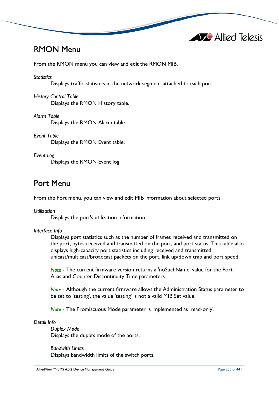 Rmon menu, Port menu | Allied Telesis AlliedView-EMS 4.0.2 Device-Manager User Manual | Page 235 / 441