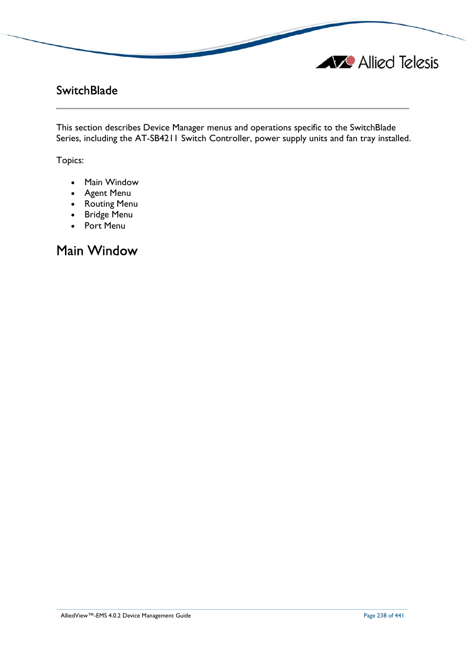 Main window, Switchblade | Allied Telesis AlliedView-EMS 4.0.2 Device-Manager User Manual | Page 238 / 441
