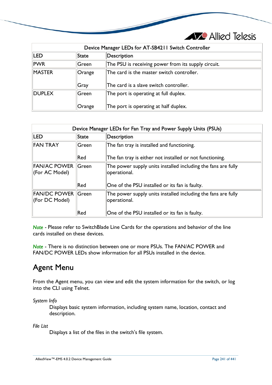 Agent menu | Allied Telesis AlliedView-EMS 4.0.2 Device-Manager User Manual | Page 241 / 441