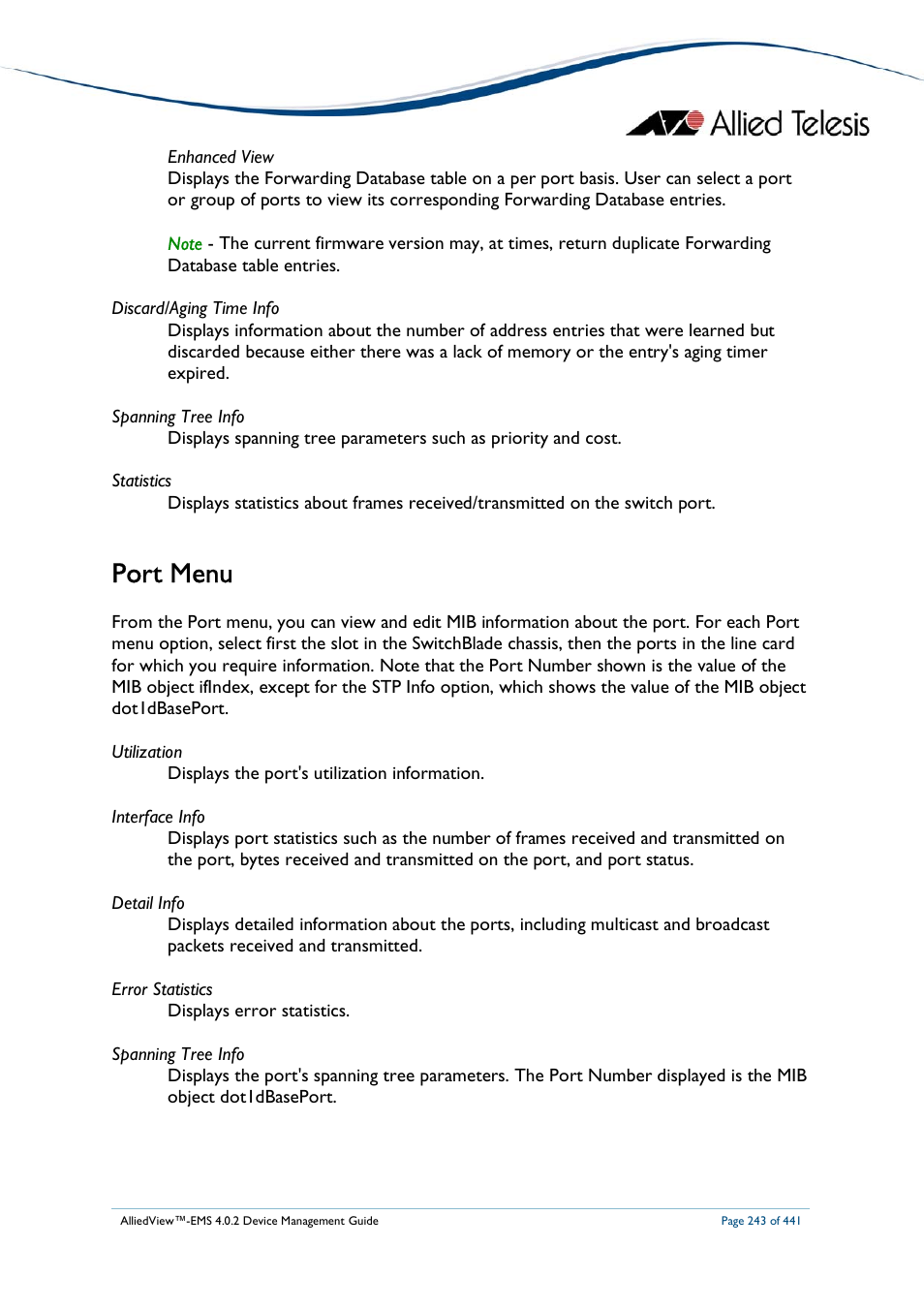 Port menu | Allied Telesis AlliedView-EMS 4.0.2 Device-Manager User Manual | Page 243 / 441