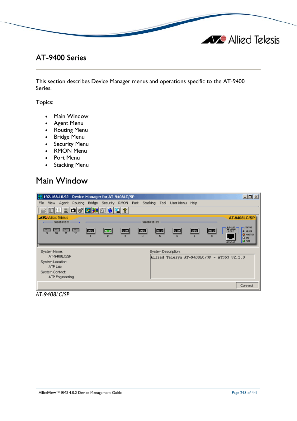Main window, At-9400 series | Allied Telesis AlliedView-EMS 4.0.2 Device-Manager User Manual | Page 248 / 441