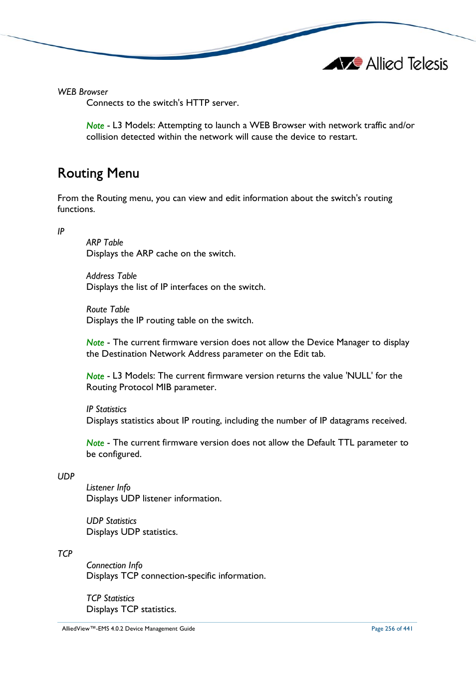 Routing menu | Allied Telesis AlliedView-EMS 4.0.2 Device-Manager User Manual | Page 256 / 441
