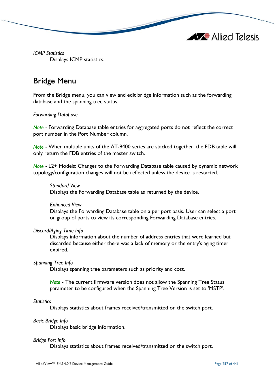 Bridge menu | Allied Telesis AlliedView-EMS 4.0.2 Device-Manager User Manual | Page 257 / 441