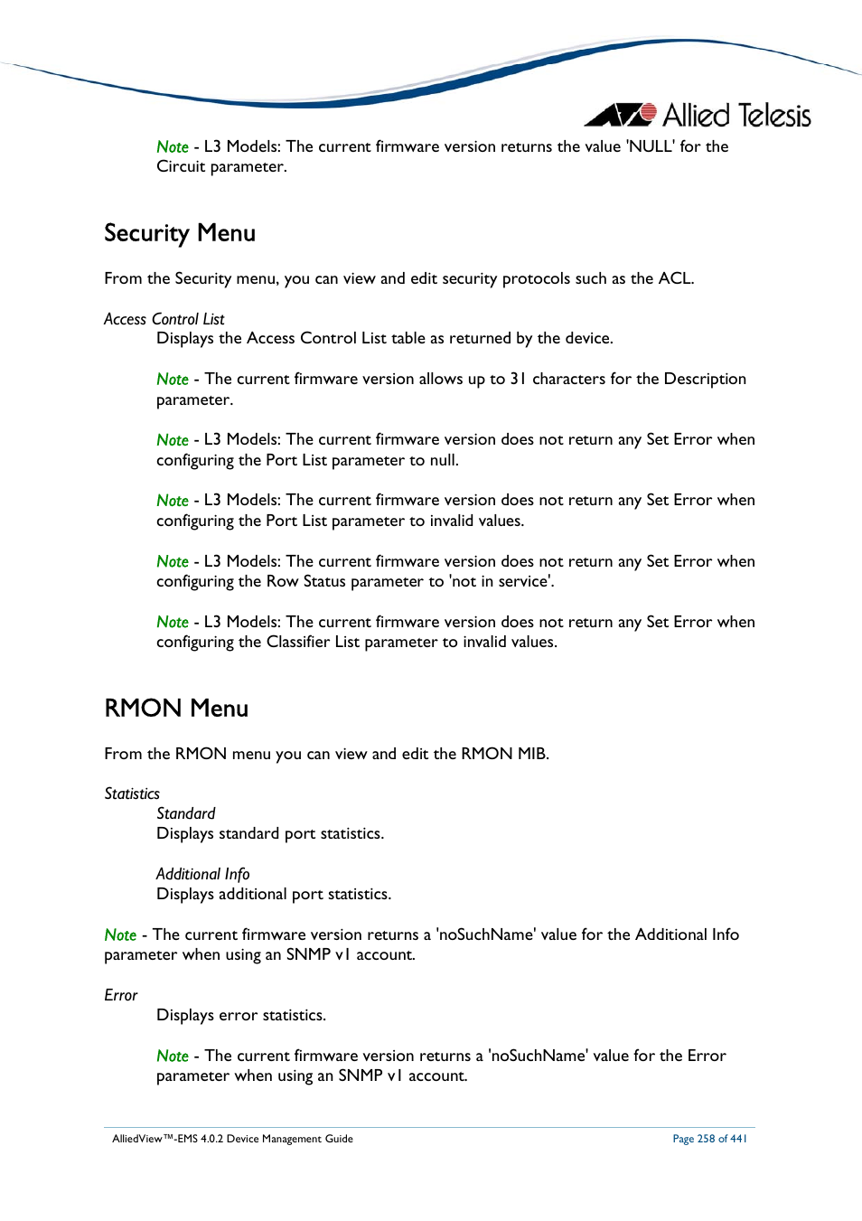 Security menu, Rmon menu | Allied Telesis AlliedView-EMS 4.0.2 Device-Manager User Manual | Page 258 / 441