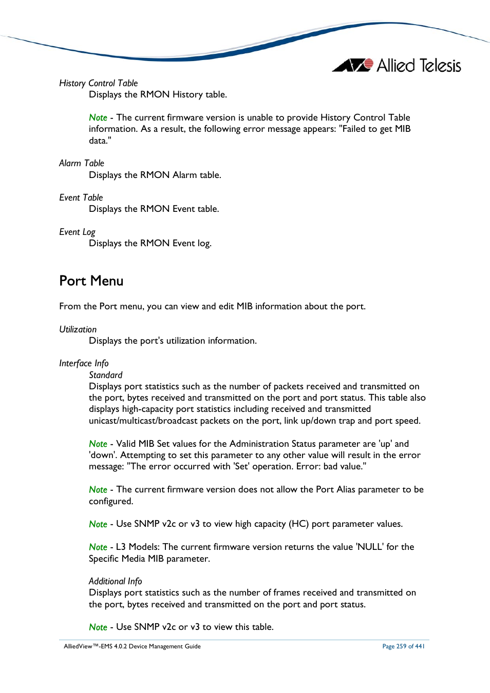 Port menu | Allied Telesis AlliedView-EMS 4.0.2 Device-Manager User Manual | Page 259 / 441