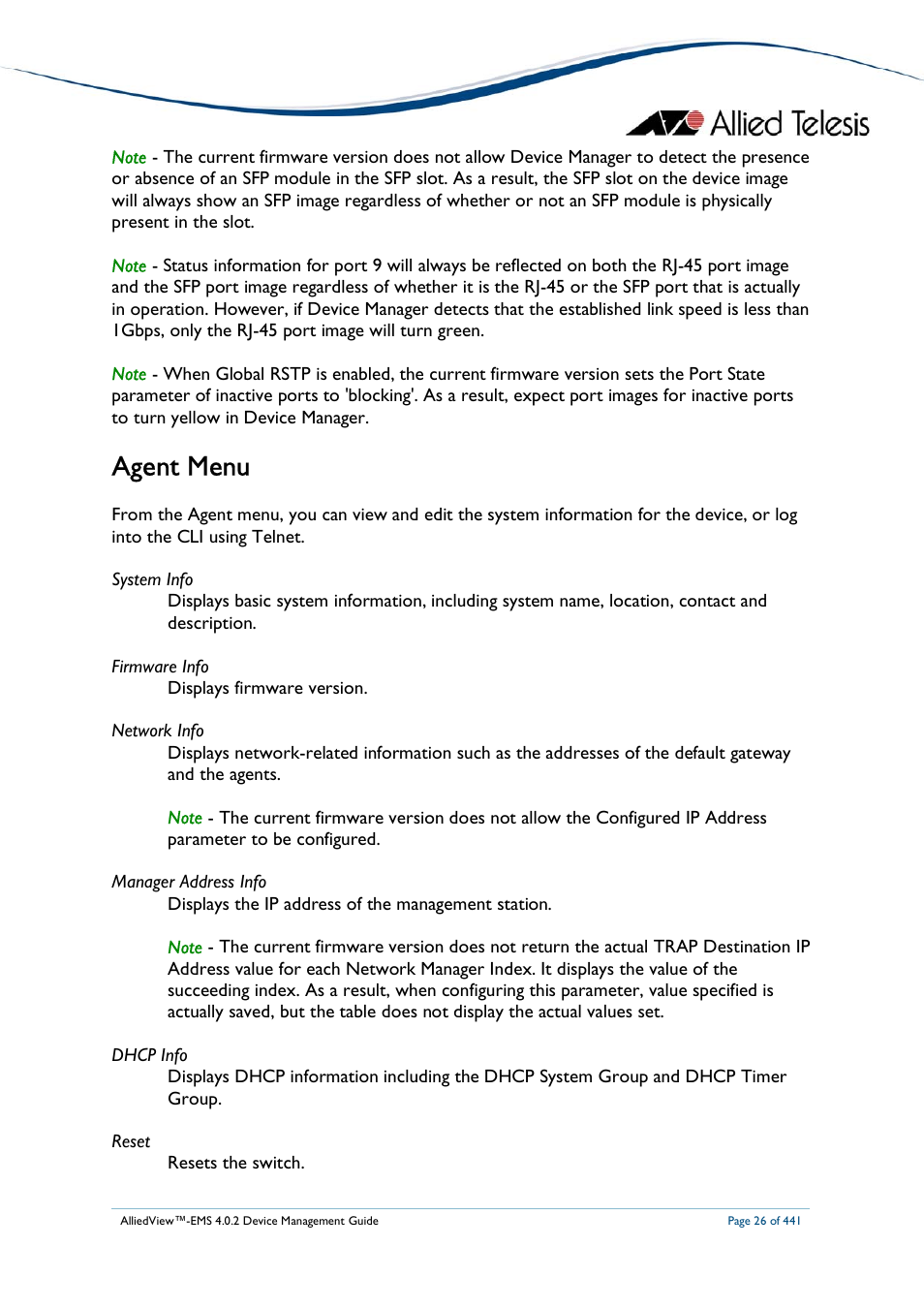 Agent menu | Allied Telesis AlliedView-EMS 4.0.2 Device-Manager User Manual | Page 26 / 441