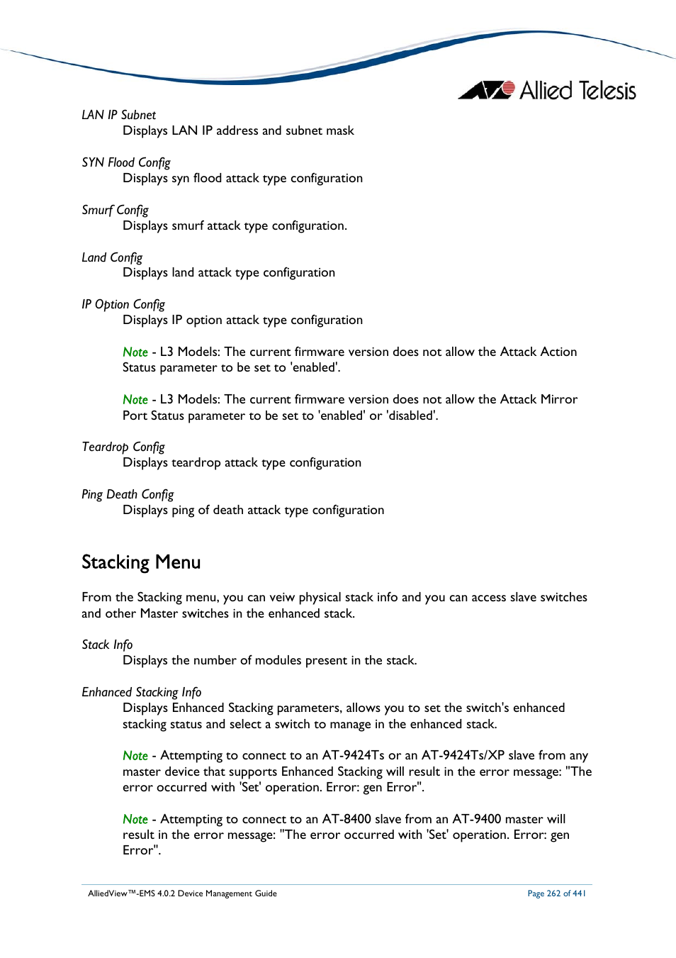 Stacking menu | Allied Telesis AlliedView-EMS 4.0.2 Device-Manager User Manual | Page 262 / 441