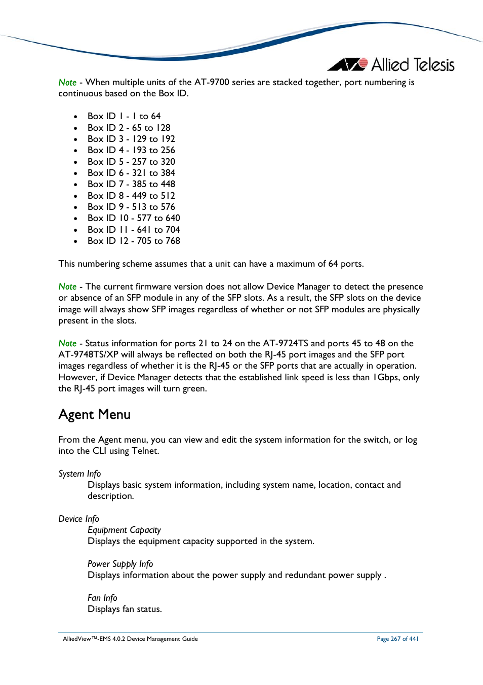 Agent menu | Allied Telesis AlliedView-EMS 4.0.2 Device-Manager User Manual | Page 267 / 441