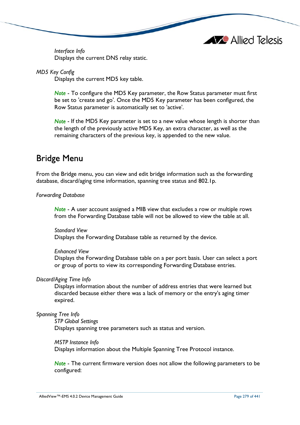 Bridge menu | Allied Telesis AlliedView-EMS 4.0.2 Device-Manager User Manual | Page 279 / 441