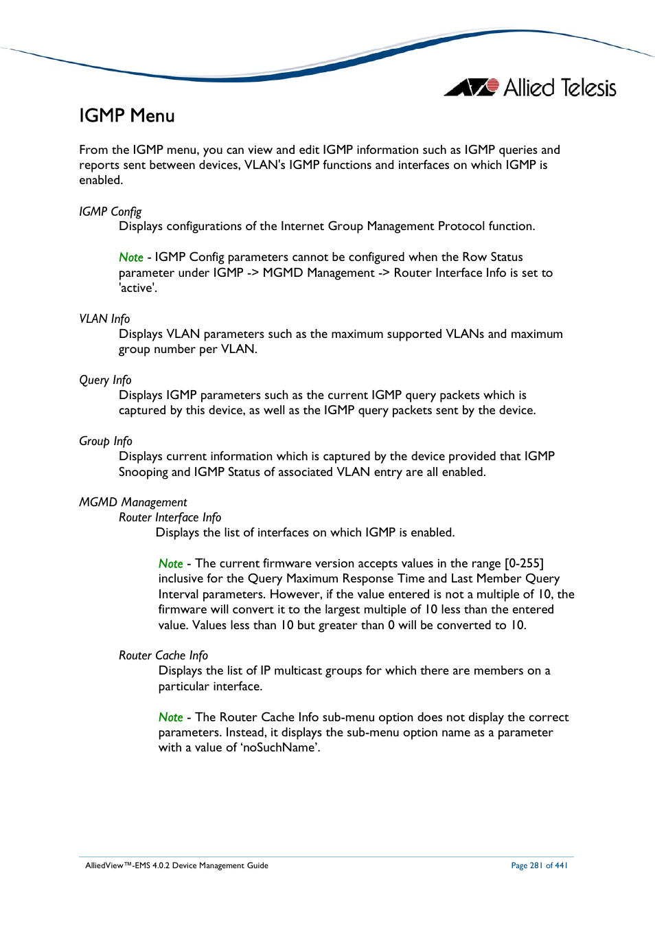Igmp menu | Allied Telesis AlliedView-EMS 4.0.2 Device-Manager User Manual | Page 281 / 441