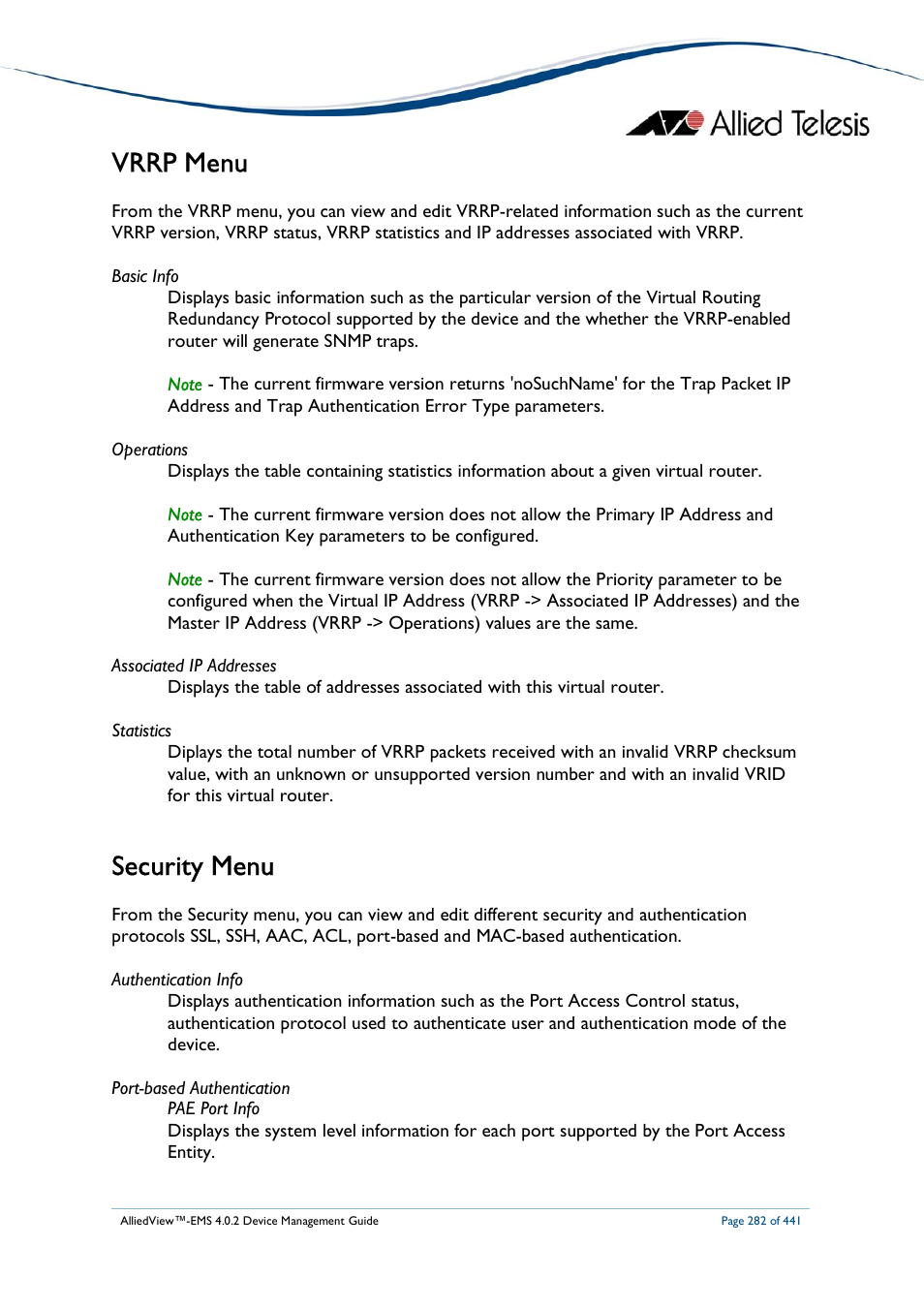 Vrrp menu, Security menu | Allied Telesis AlliedView-EMS 4.0.2 Device-Manager User Manual | Page 282 / 441