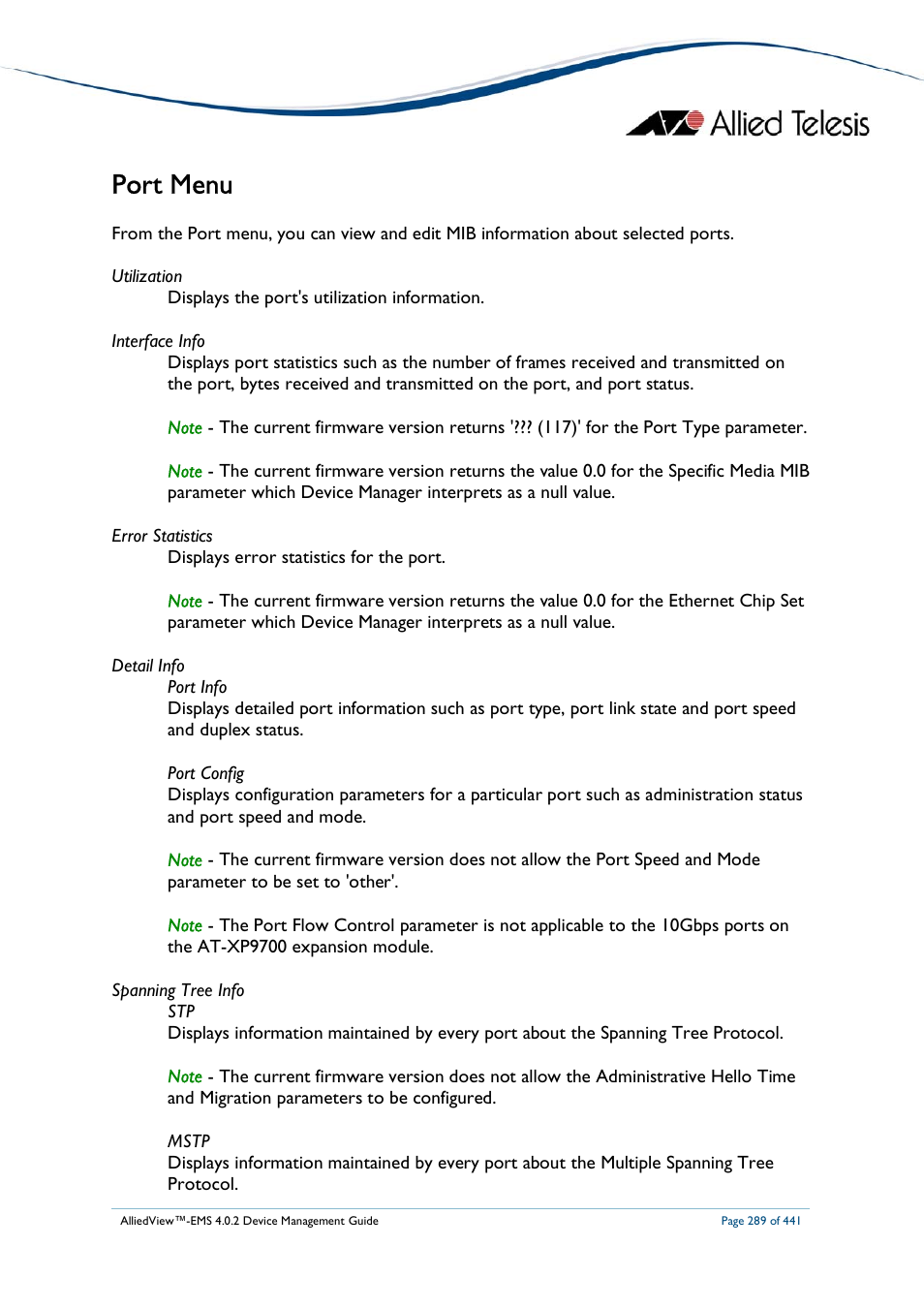 Port menu | Allied Telesis AlliedView-EMS 4.0.2 Device-Manager User Manual | Page 289 / 441