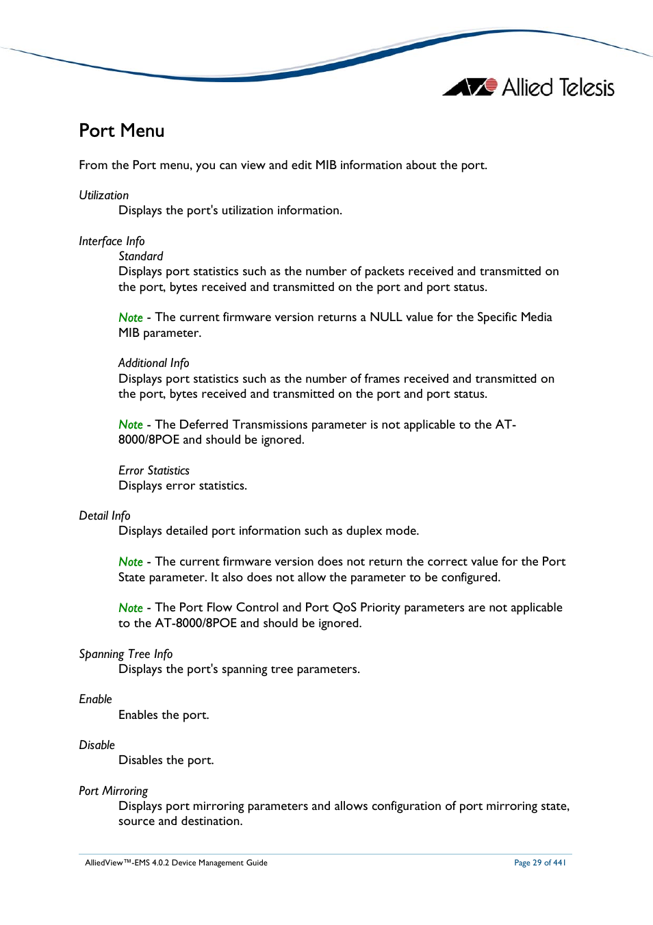 Port menu | Allied Telesis AlliedView-EMS 4.0.2 Device-Manager User Manual | Page 29 / 441