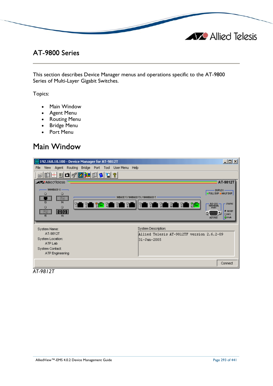 Main window, At-9800 series | Allied Telesis AlliedView-EMS 4.0.2 Device-Manager User Manual | Page 293 / 441