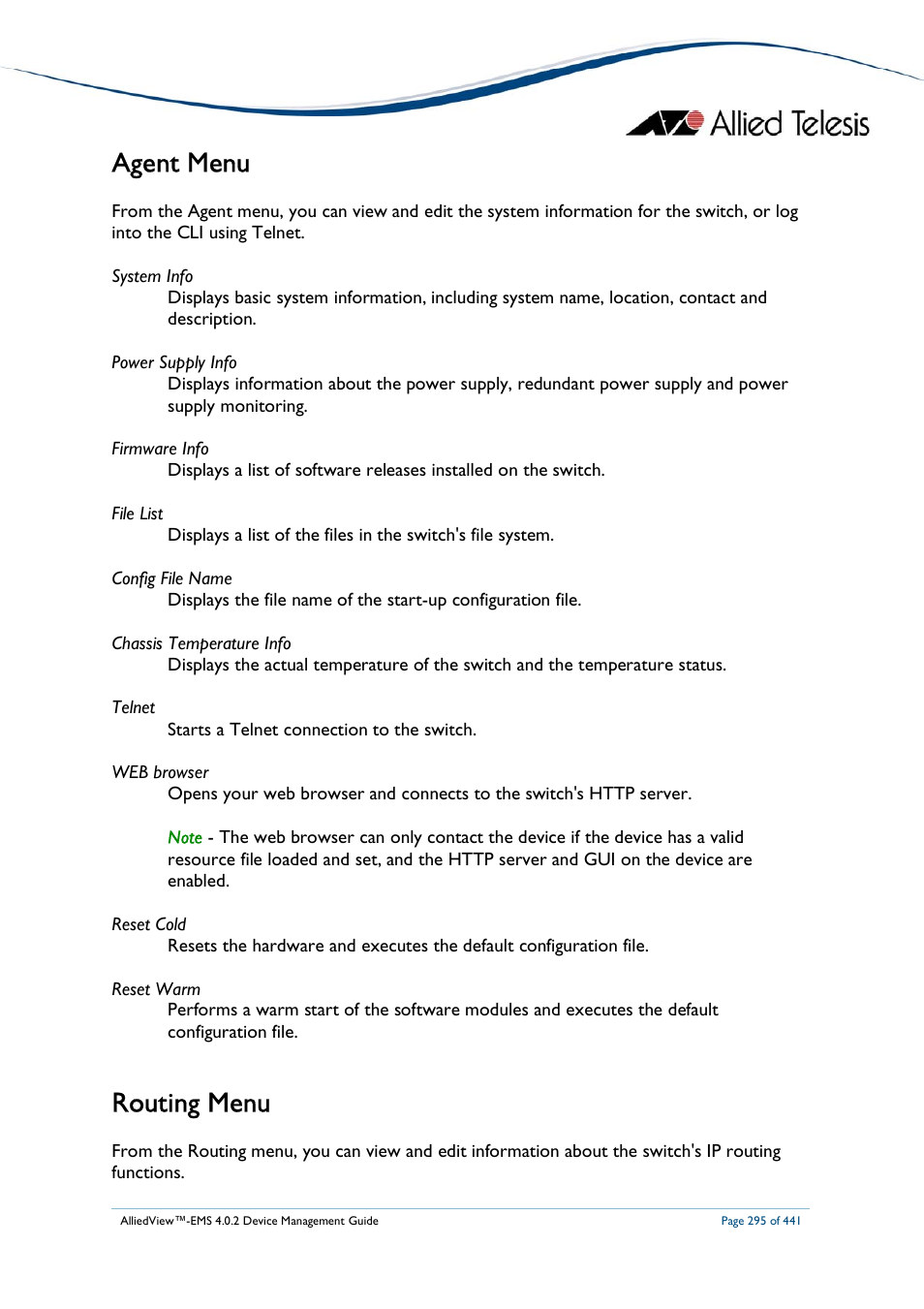 Agent menu, Routing menu | Allied Telesis AlliedView-EMS 4.0.2 Device-Manager User Manual | Page 295 / 441
