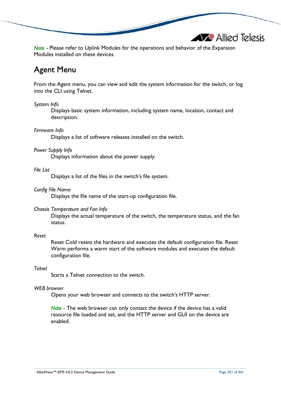Agent menu | Allied Telesis AlliedView-EMS 4.0.2 Device-Manager User Manual | Page 301 / 441