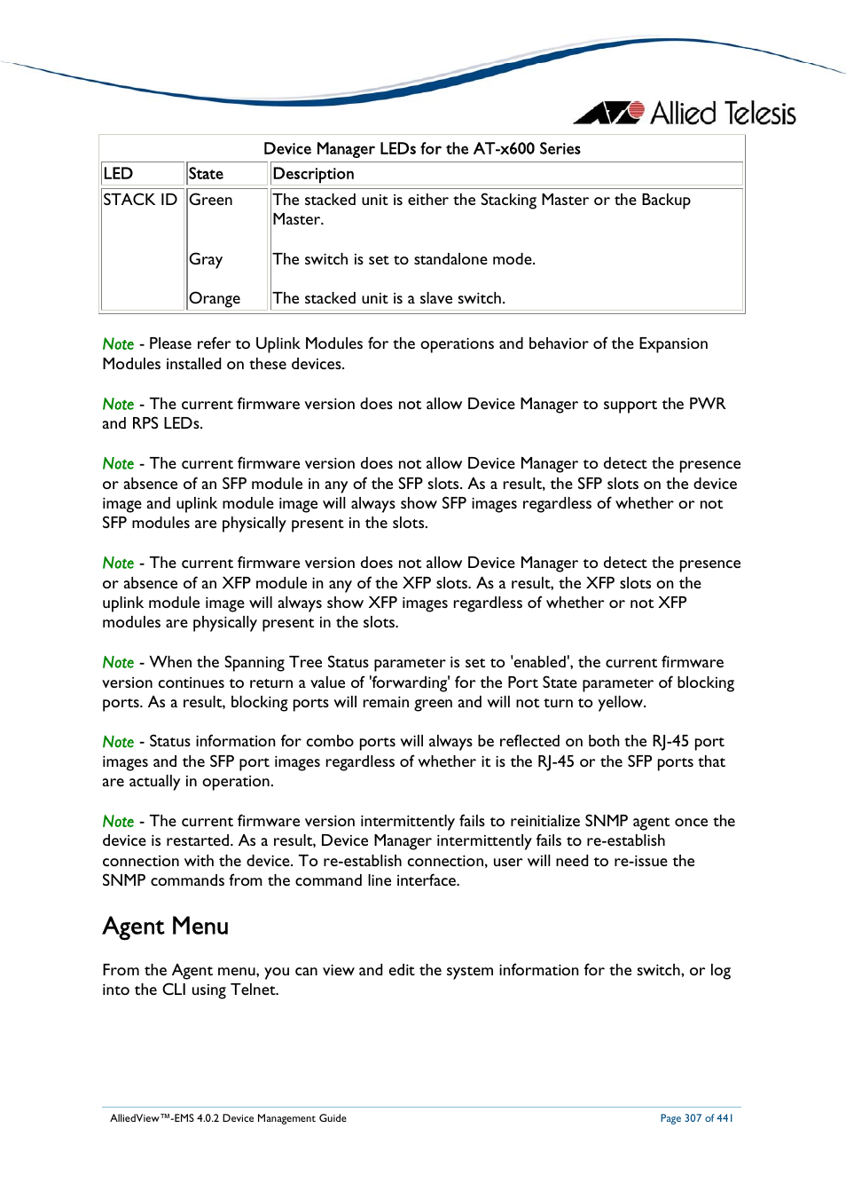 Agent menu | Allied Telesis AlliedView-EMS 4.0.2 Device-Manager User Manual | Page 307 / 441