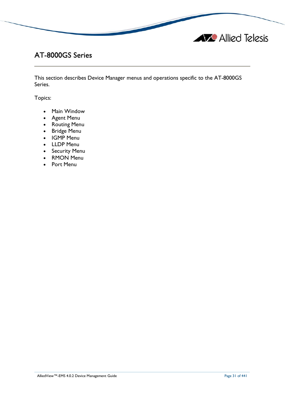 At-8000gs series | Allied Telesis AlliedView-EMS 4.0.2 Device-Manager User Manual | Page 31 / 441