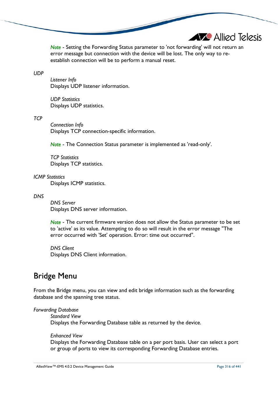 Bridge menu | Allied Telesis AlliedView-EMS 4.0.2 Device-Manager User Manual | Page 316 / 441